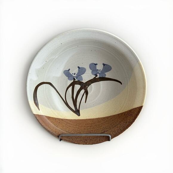 11 1/4” Stoneware Bowl Signed (Gary) Shaffer Blue Flowers Brown Yellow Dish - Picture 1 of 12